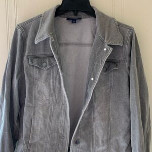 Women denim jacket. Light gray color, size L, used once. stretch material.